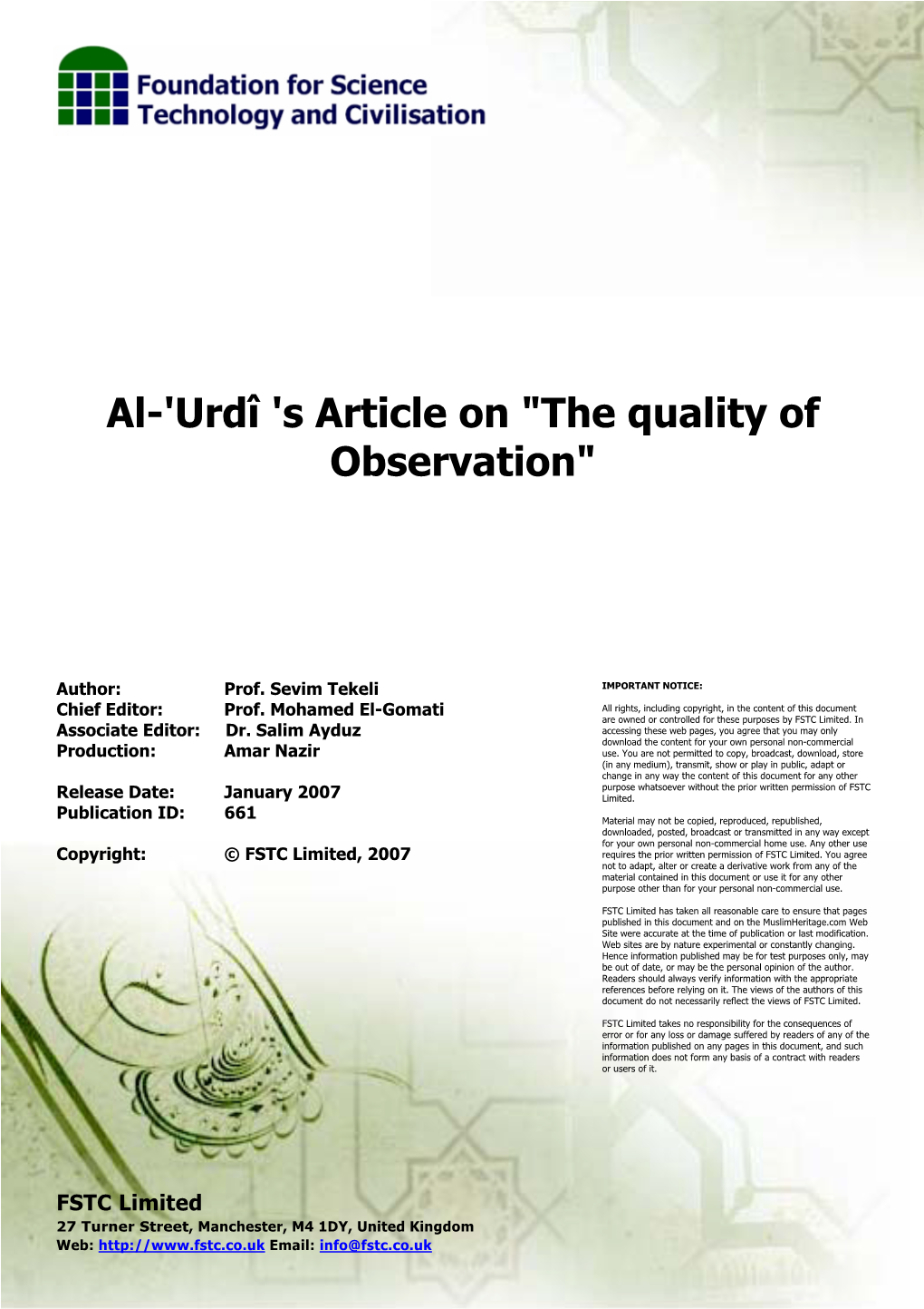 Al-'Urdī 'S Article on "The Quality of Observation"