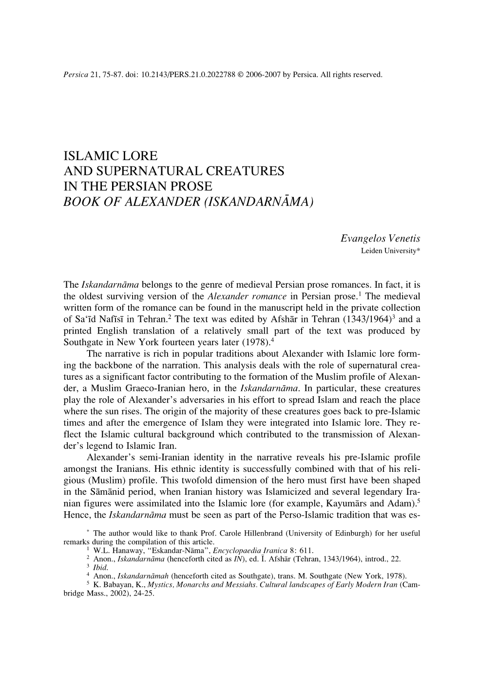 Islamic Lore and Supernatural Creatures in the Persian Prose Book of Alexander (Iskandarnama)