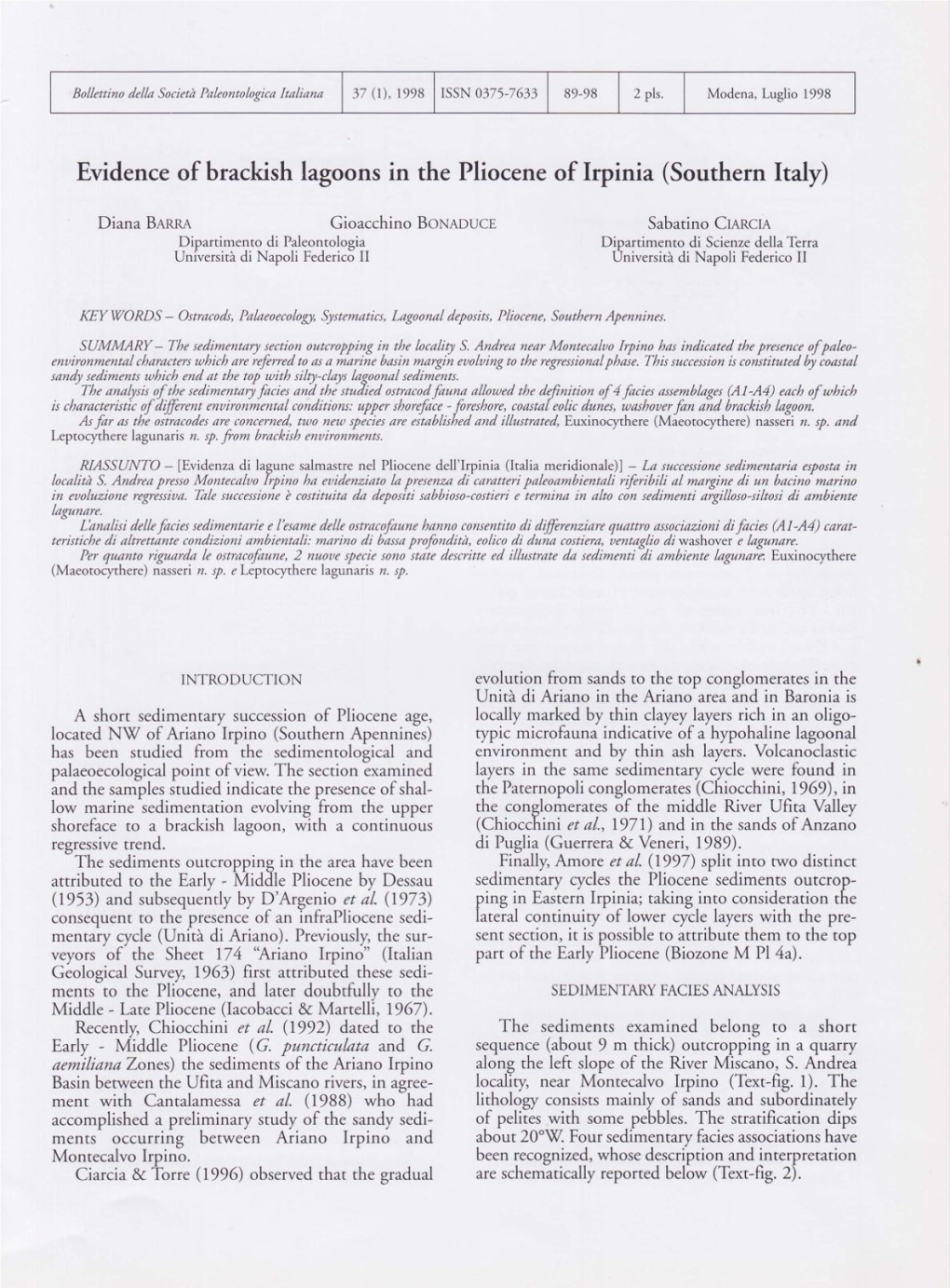 Evidence of Brackish Lagoons in the Pliocene of Irpinia (Southern Ltaly)