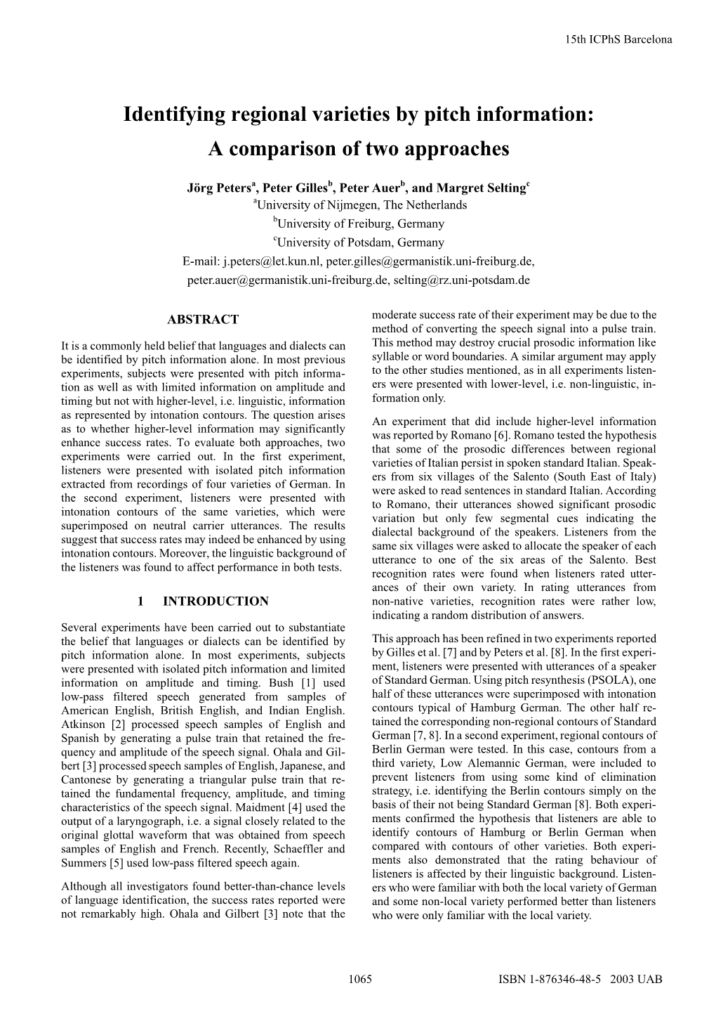 Identifying Regional Varieties by Pitch Information: a Comparison of Two Approaches