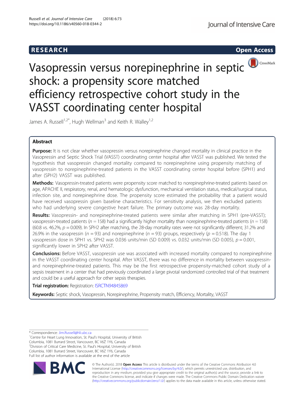 Vasopressin Versus Norepinephrine in Septic Shock: a Propensity Score Matched Efficiency Retrospective Cohort Study in the VASST Coordinating Center Hospital James A