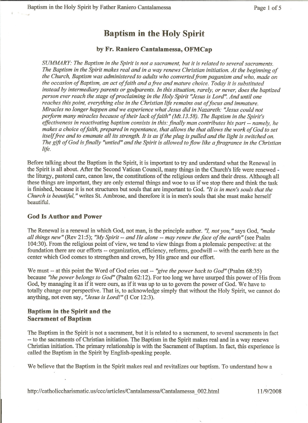 Baptism in the Holy Spirit by Father Raniero Cantalamessa Page 1 of 5