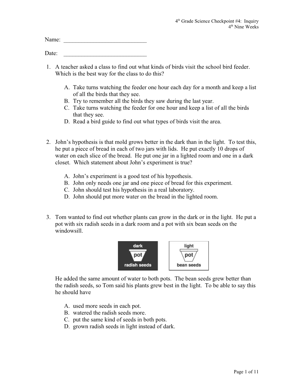 4Th Grade Science Checkpoint #4: Inquiry