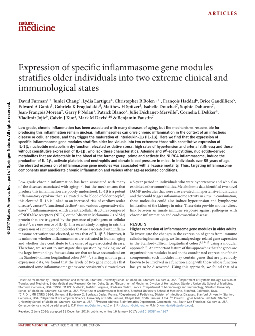 Expression of Specific Inflammasome Gene Modules Stratifies Older