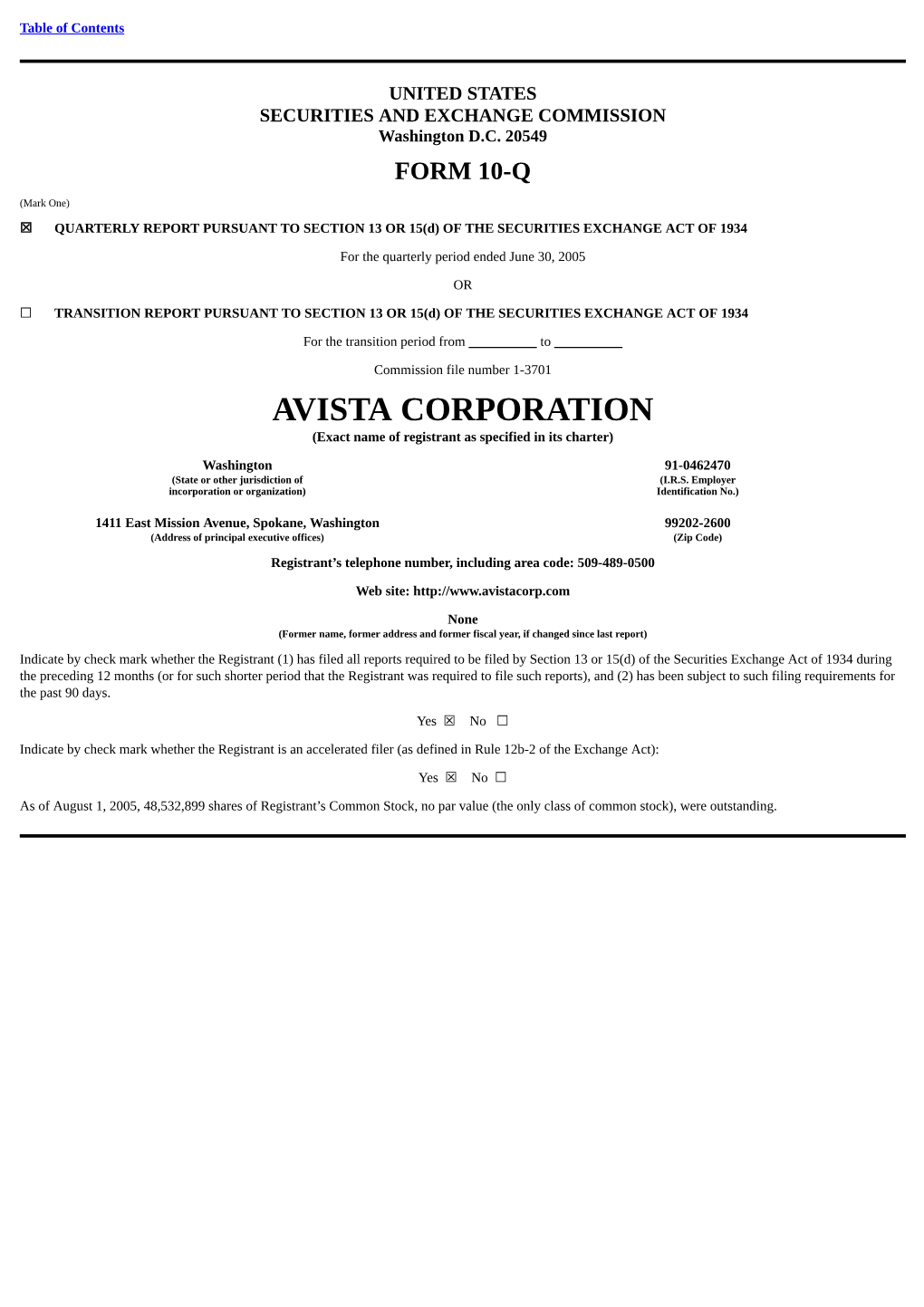 AVISTA CORPORATION (Exact Name of Registrant As Specified in Its Charter)