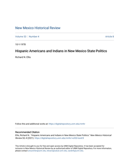 Hispanic Americans and Indians in New Mexico State Politics