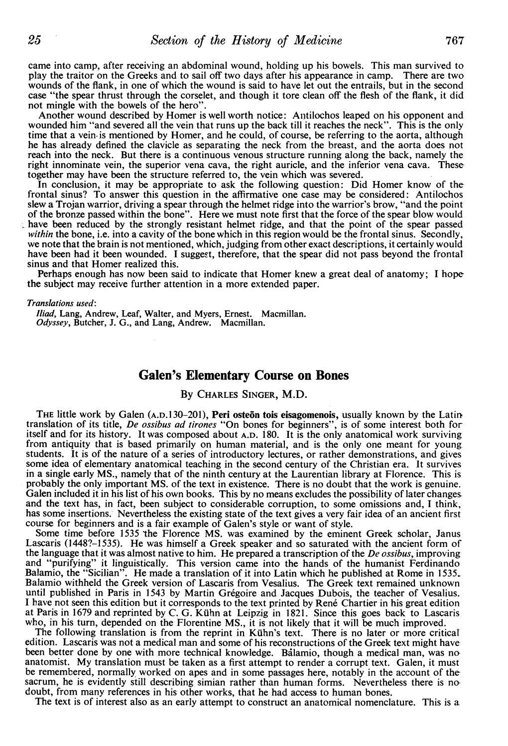Galen's Elementary Course on Bones by CHARLES SINGER, M.D