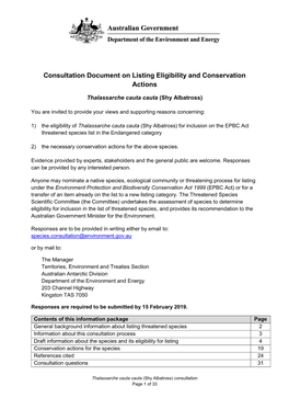 Consultation Document on Listing Eligibility and Conservation Actions Thalassarche Cauta Cauta (Shy Albatross)