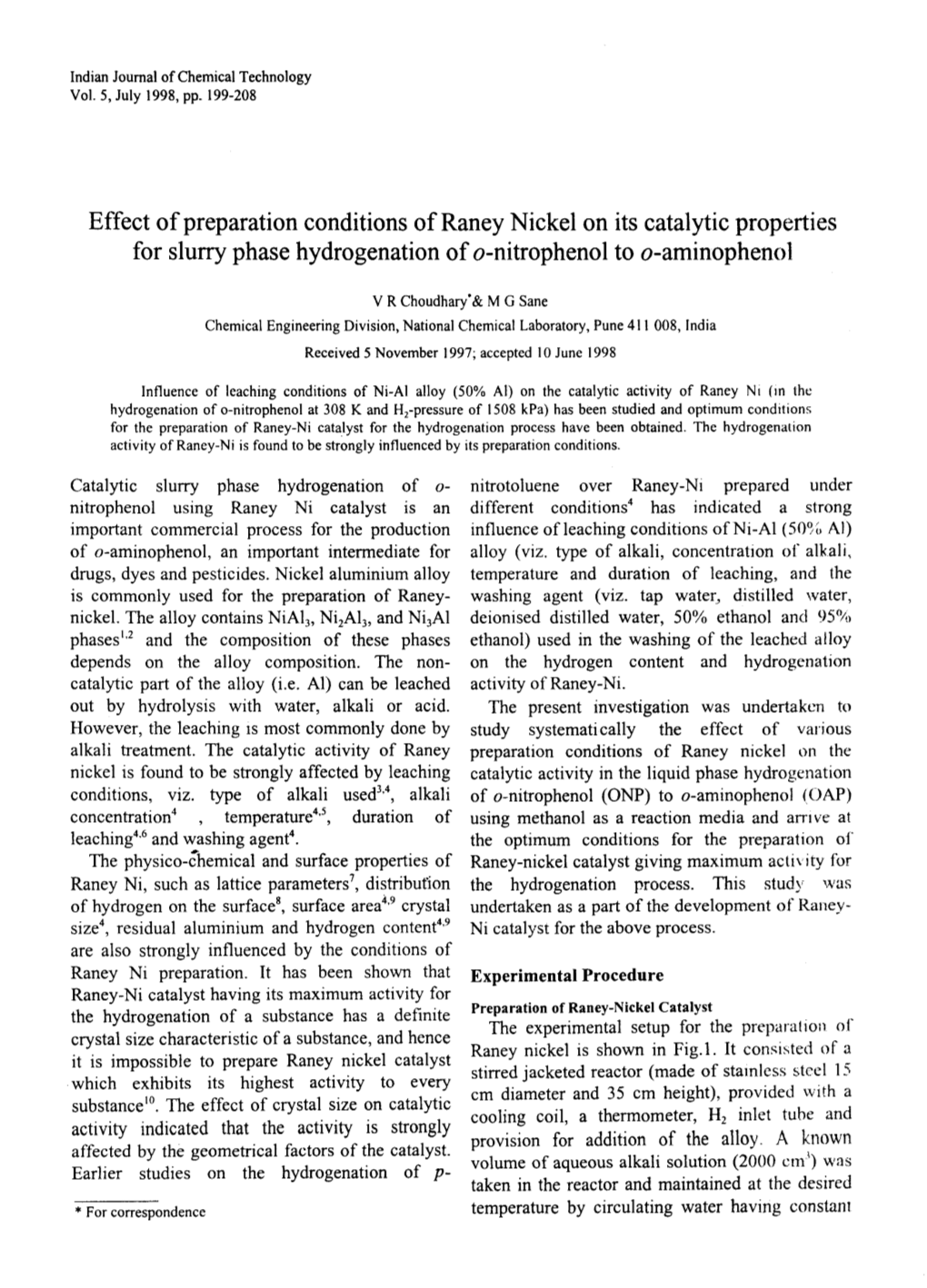 Effect of Preparation Conditions of Raney Nickel on Its Catalytic Properties for Slurry Phase Hydrogenation of O-Nitrophenol to O-Aminophenol