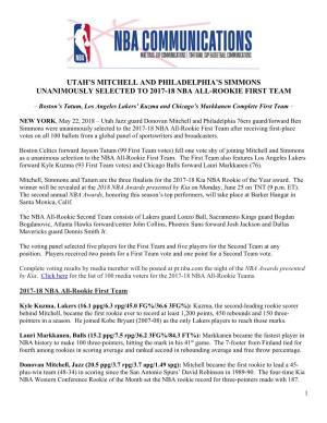 Utah's Mitchell and Philadelphia's Simmons Unanimously Selected to 2017-18 Nba All-Rookie First Team
