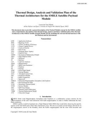 Thermal Design, Analysis and Validation Plan of the Thermal Architecture for the SMILE Satellite Payload Module