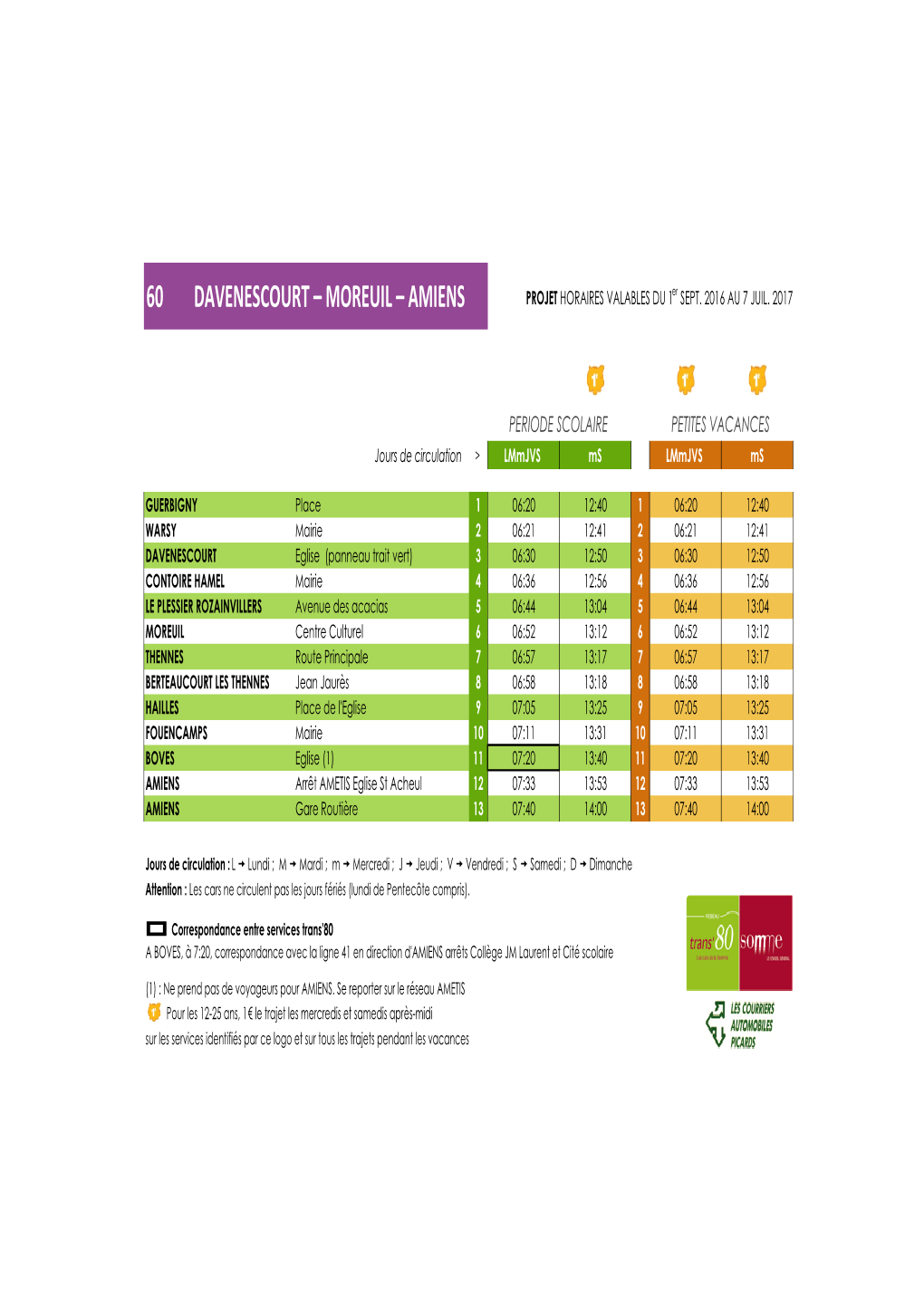 60 DAVENESCOURT – MOREUIL – AMIENS PROJET HORAIRES VALABLES DU 1Er SEPT