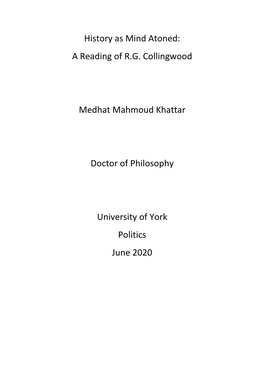 A Reading of RG Collingwood Medhat Mahmoud Khattar Doctor Of