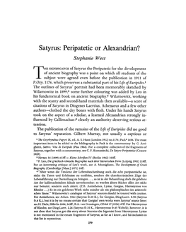 Satyrus: Peripatetic Or Alexandrian? West, Stephanie Greek, Roman and Byzantine Studies; Fall 1974; 15, 3; Proquest Pg