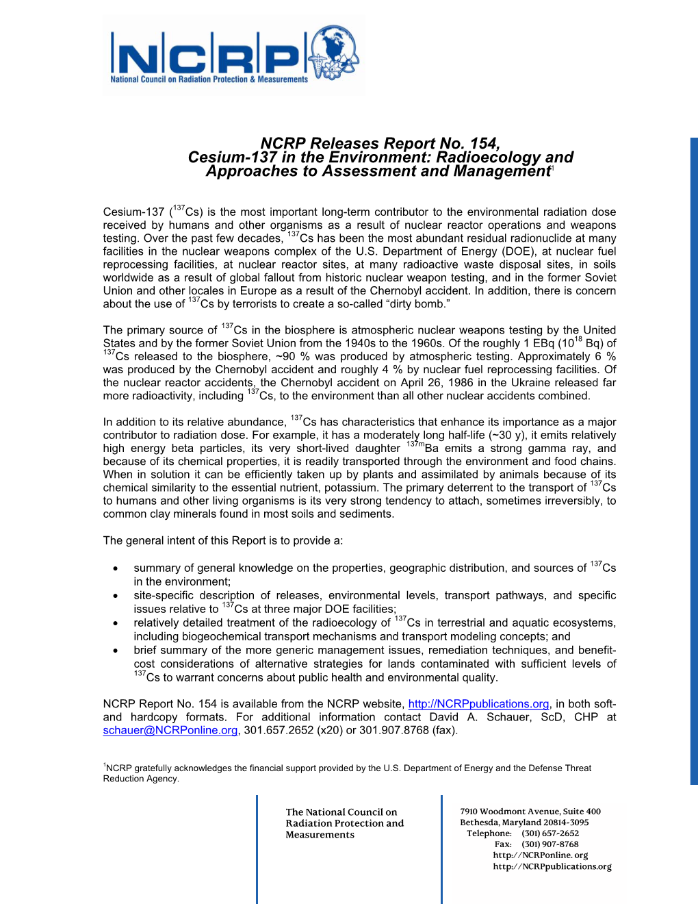 NCRP Releases Report No. 154, Cesium-137 in the Environment: Radioecology and Approaches to Assessment and Management1