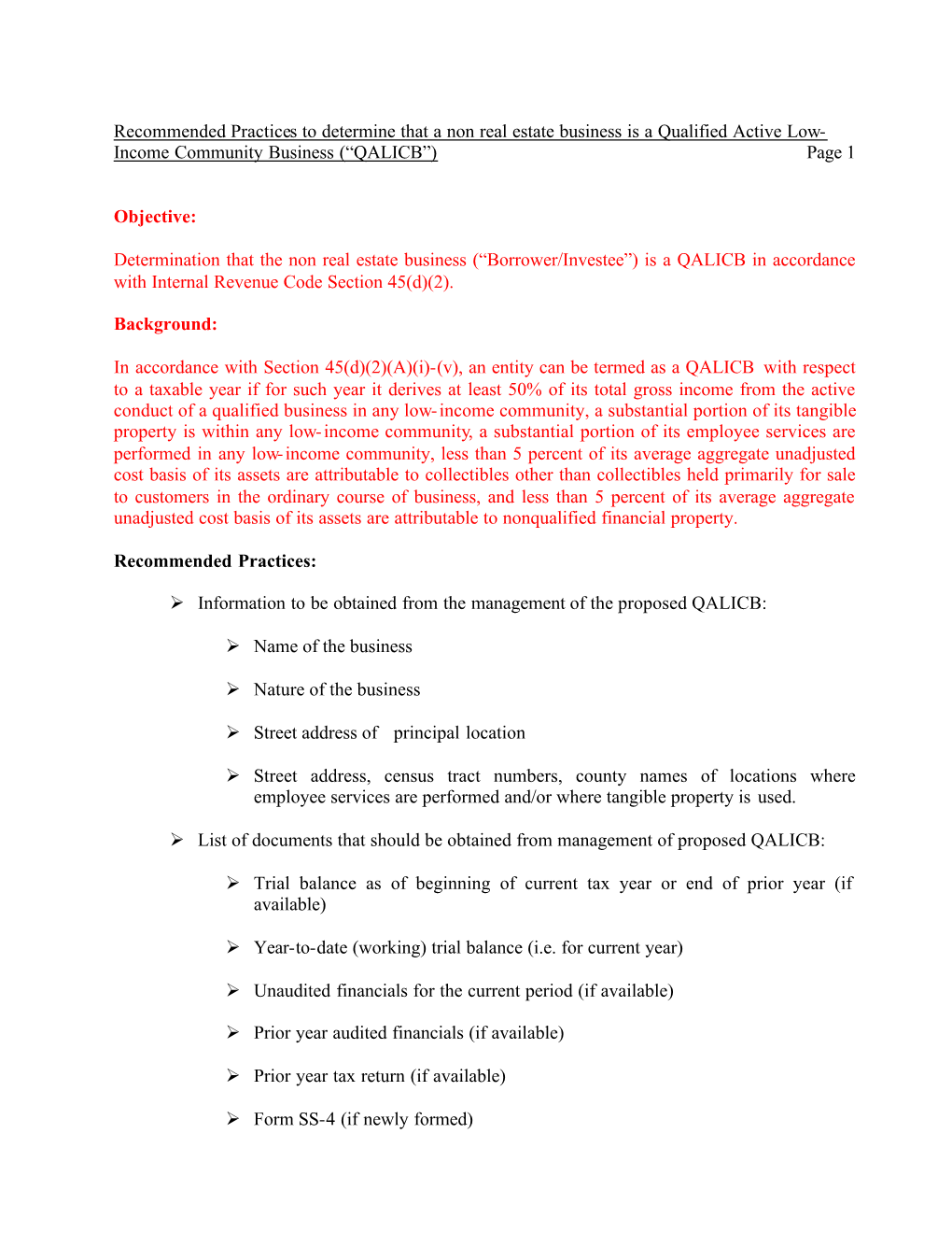 Recommended Practices to Determine That a Non Real Estate Business Is a Qualified Active Low- Income Community Business (“QALICB”) Page 1