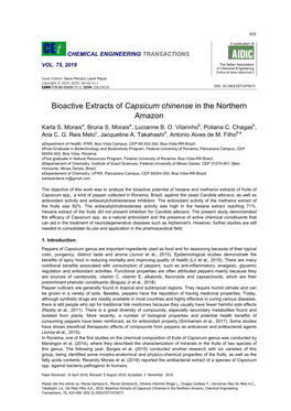 Bioactive Extracts of Capsicum Chinense in the Northern Amazon, Chemical Engineering Transactions, 75, 433-438 DOI:10.3303/CET1975073 434
