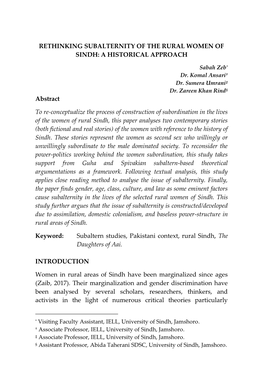 Rethinking Subalternity of the Rural Women of Sindh: a Historical Approach