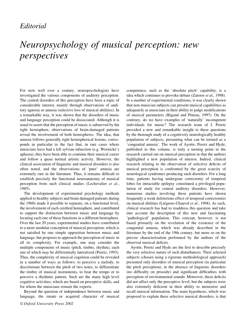 Neuropsychology of Musical Perception: New Perspectives