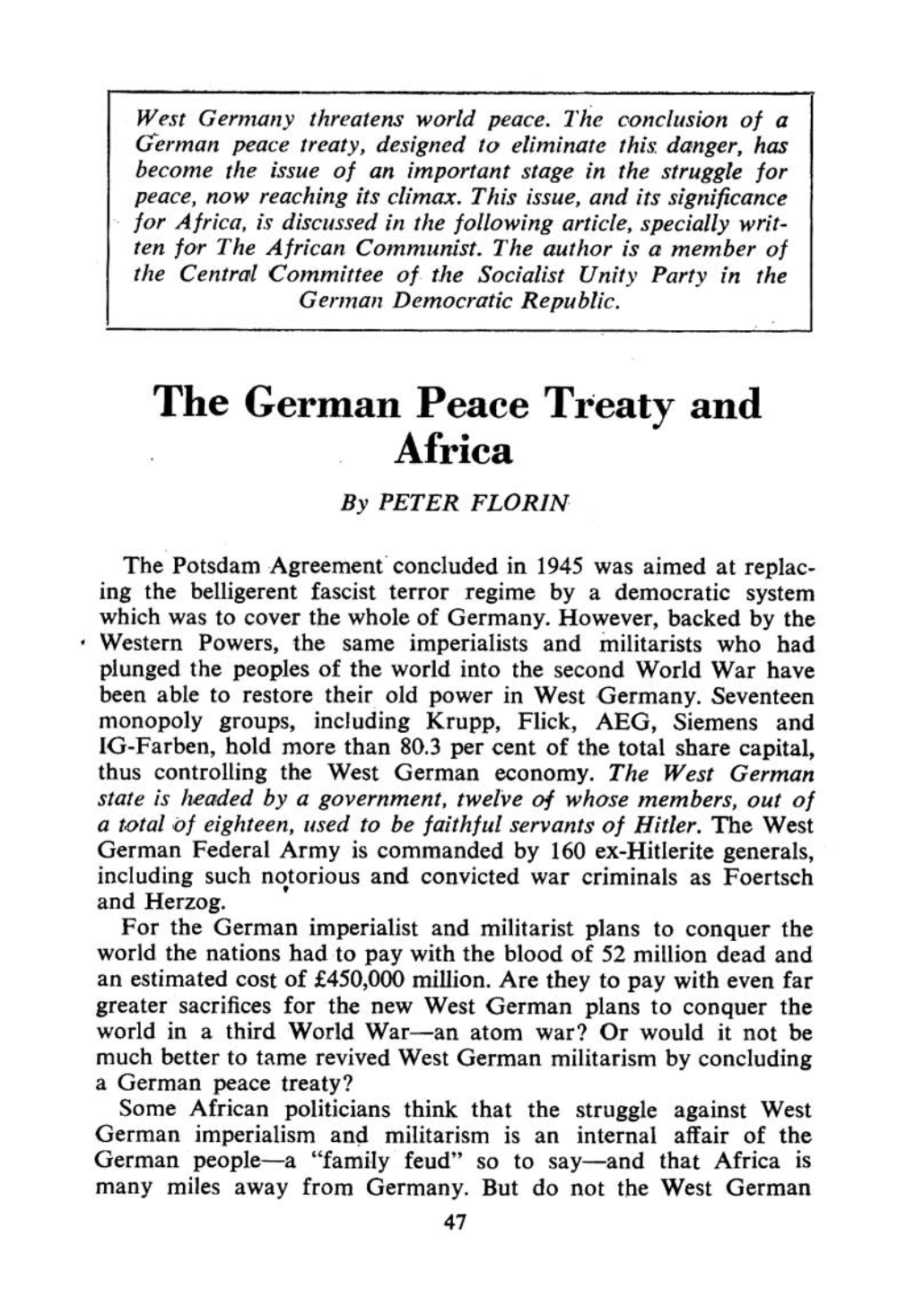 The German Peace Treaty and Africa by PETER FLORIN