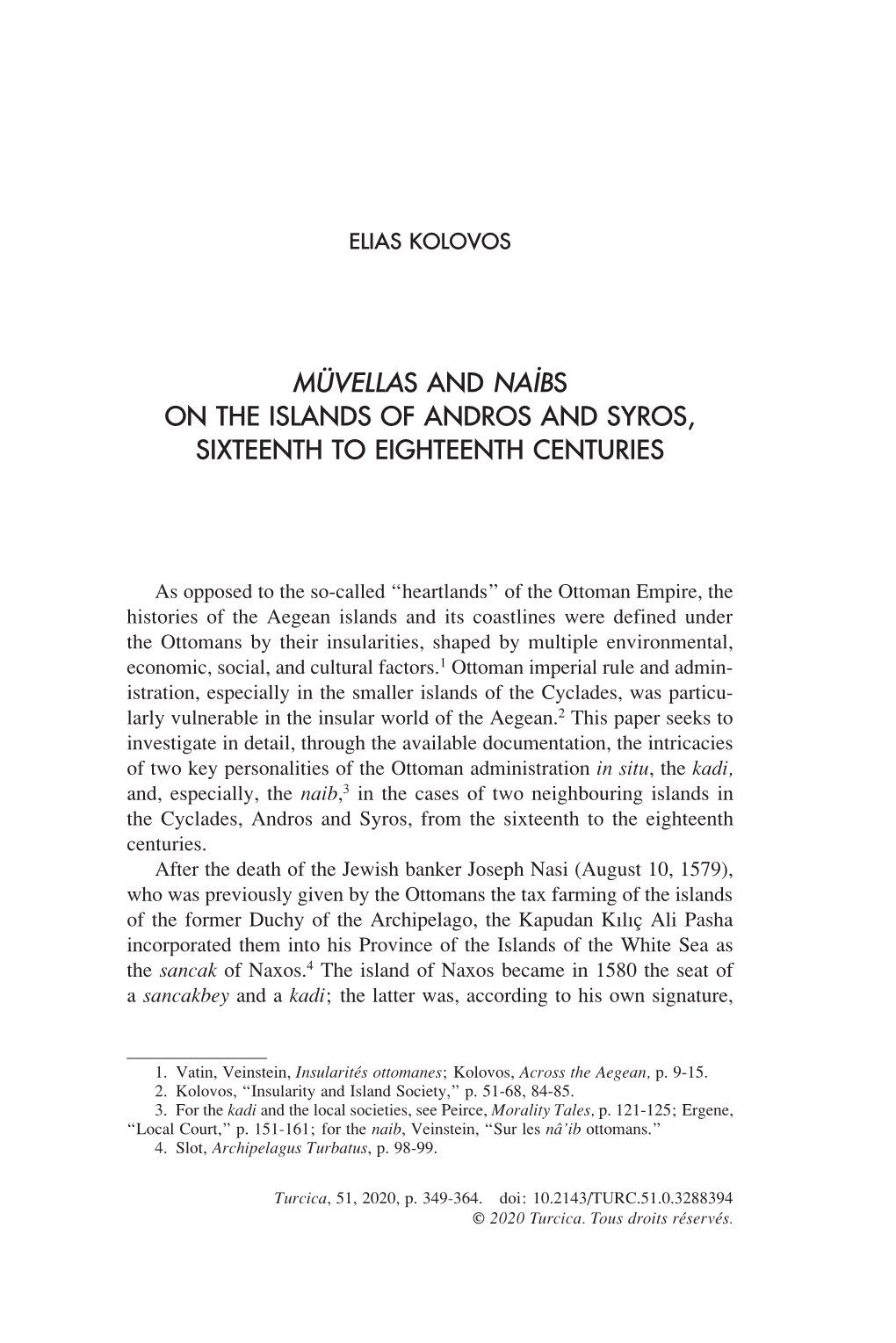 Müvellas and Naibs on the Islands of Andros and Syros, Sixteenth to Eighteenth Centuries