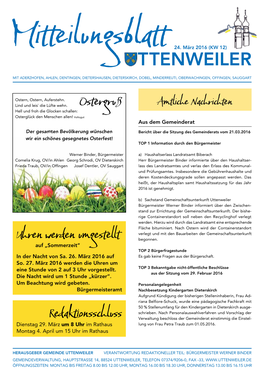Mitteilungsblatt Der Gemeinde Uttenweiler Öf- Fentlich Bekannt Gemacht