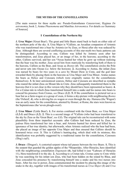 THE MYTHS of the CONSTELLATIONS [The Main Sources for These Myths Are: Pseudo-Eratosthenes Catasterismi, Hyginus De Astronomia