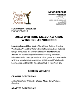 2012 Writers Guild Awards Winners Announced