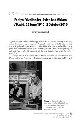 Evelyn Friedlander, Aviva Bat Miriam V'david, 22 June 1940–2 October 2019
