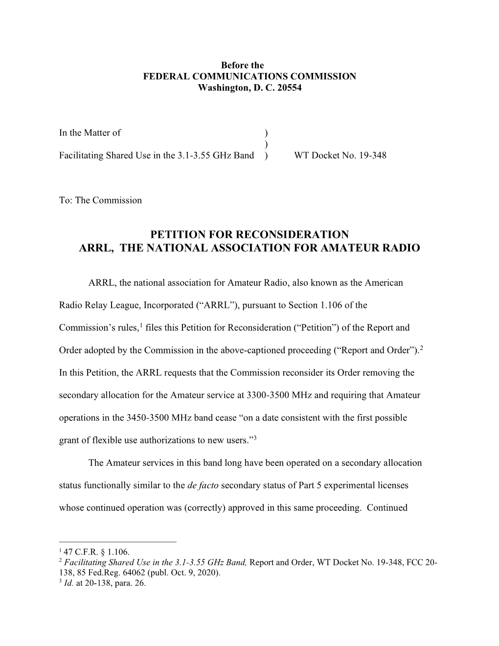 Petition for Reconsideration Arrl, the National Association for Amateur Radio