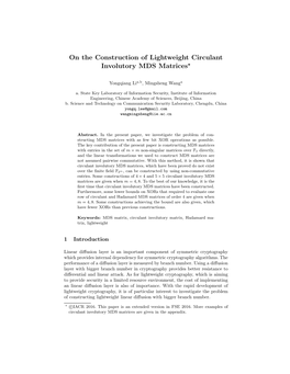 On the Construction of Lightweight Circulant Involutory MDS Matrices⋆