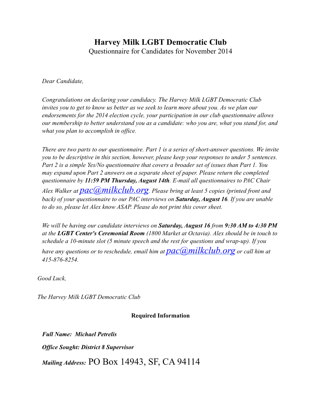 Harvey Milk LGBT Democratic Club Questionnaire for Candidates for November 2014