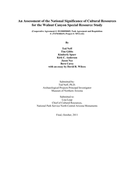 An Assessment of the National Significance of Cultural Resources for the Walnut Canyon Special Resource Study