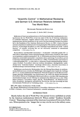 "Scientific Control" in Mathematical Reviewing and German-U.S.-American Relations Between the Two World Wars
