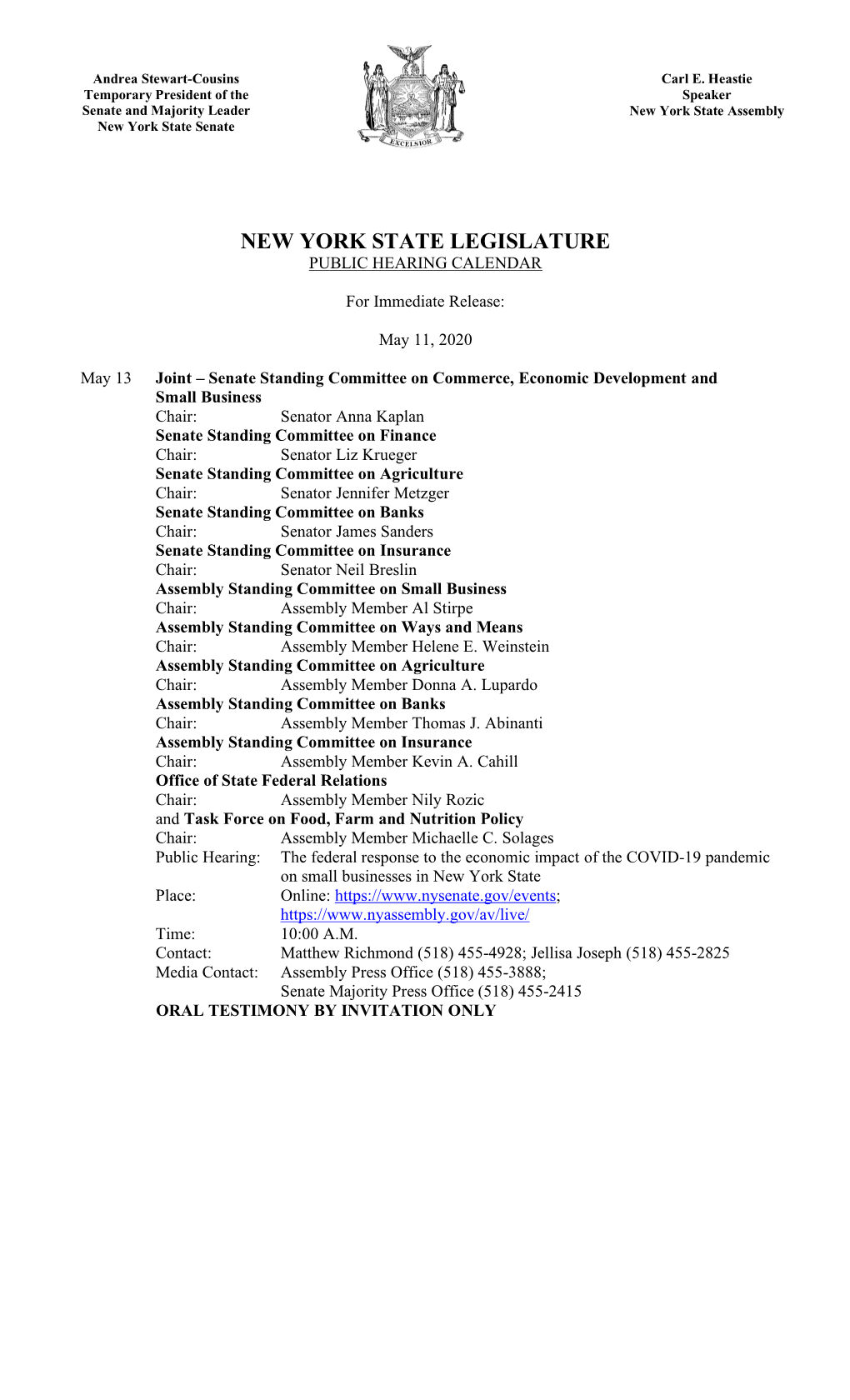 New York State Legislature Public Hearing Calendar