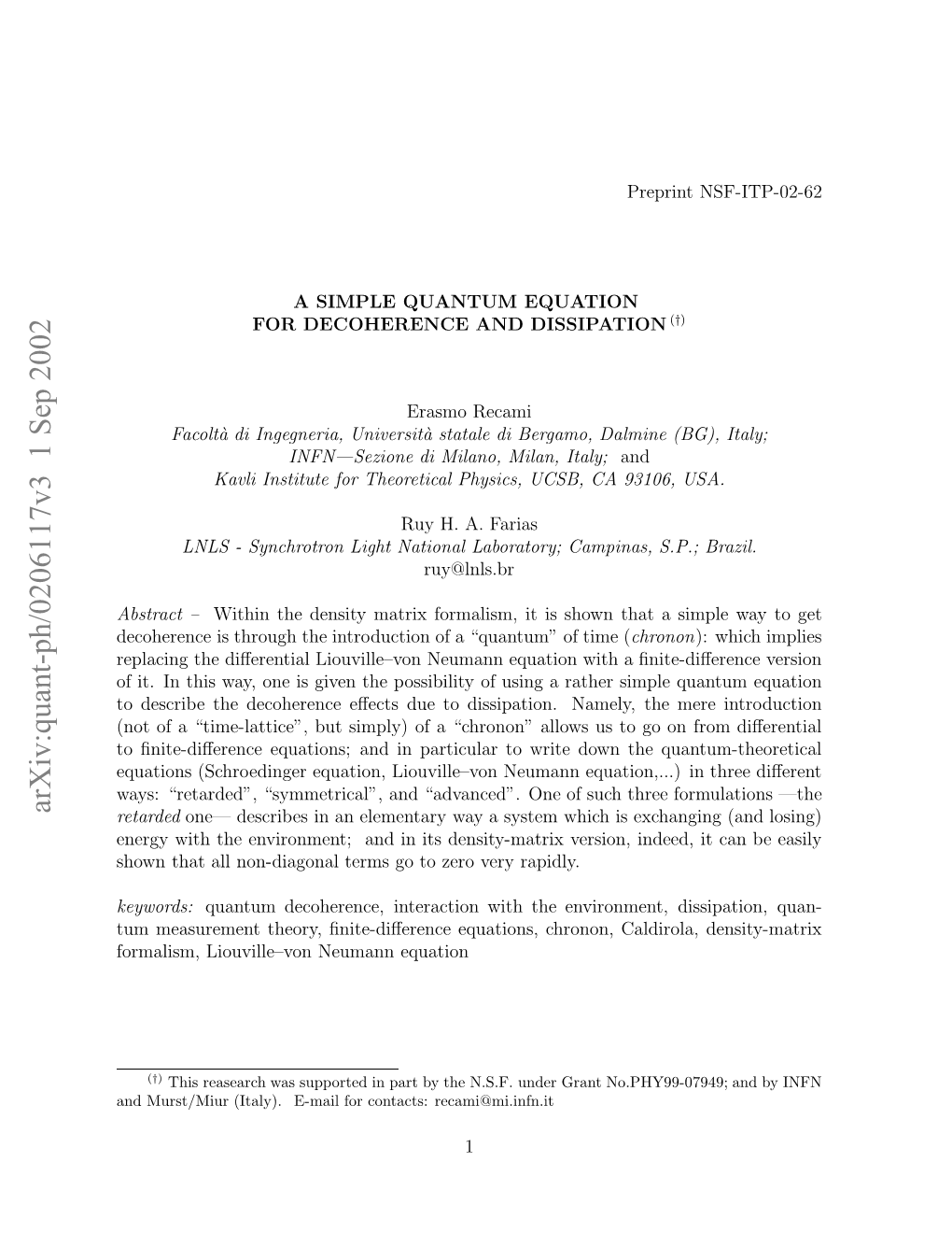 Arxiv:Quant-Ph/0206117V3 1 Sep 2002