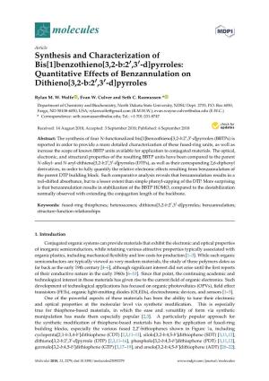 Synthesis and Characterization of Bis[1]Benzothieno[3,2-B:20,30-D]Pyrroles: Quantitative Effects of Benzannulation on Dithieno[3,2-B:20,30-D]Pyrroles