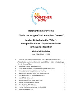 “For in the Image of God Was Adam Created” Jewish Attitudes to the ‘Other’: Xenophobic Bias Vs