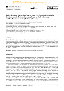 Redescriptions of Five Species of Marine Peritrichs, Zoothamnium Plumula, Zoothamnium Nii, Zoothamnium Wang, Pseudovorticella Bi