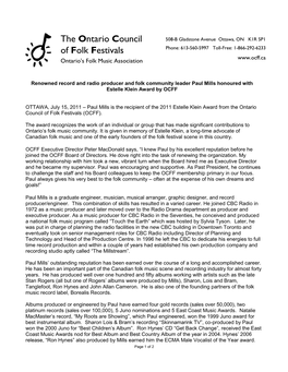 The Ontario Council of Folk Festivals (OCFF)