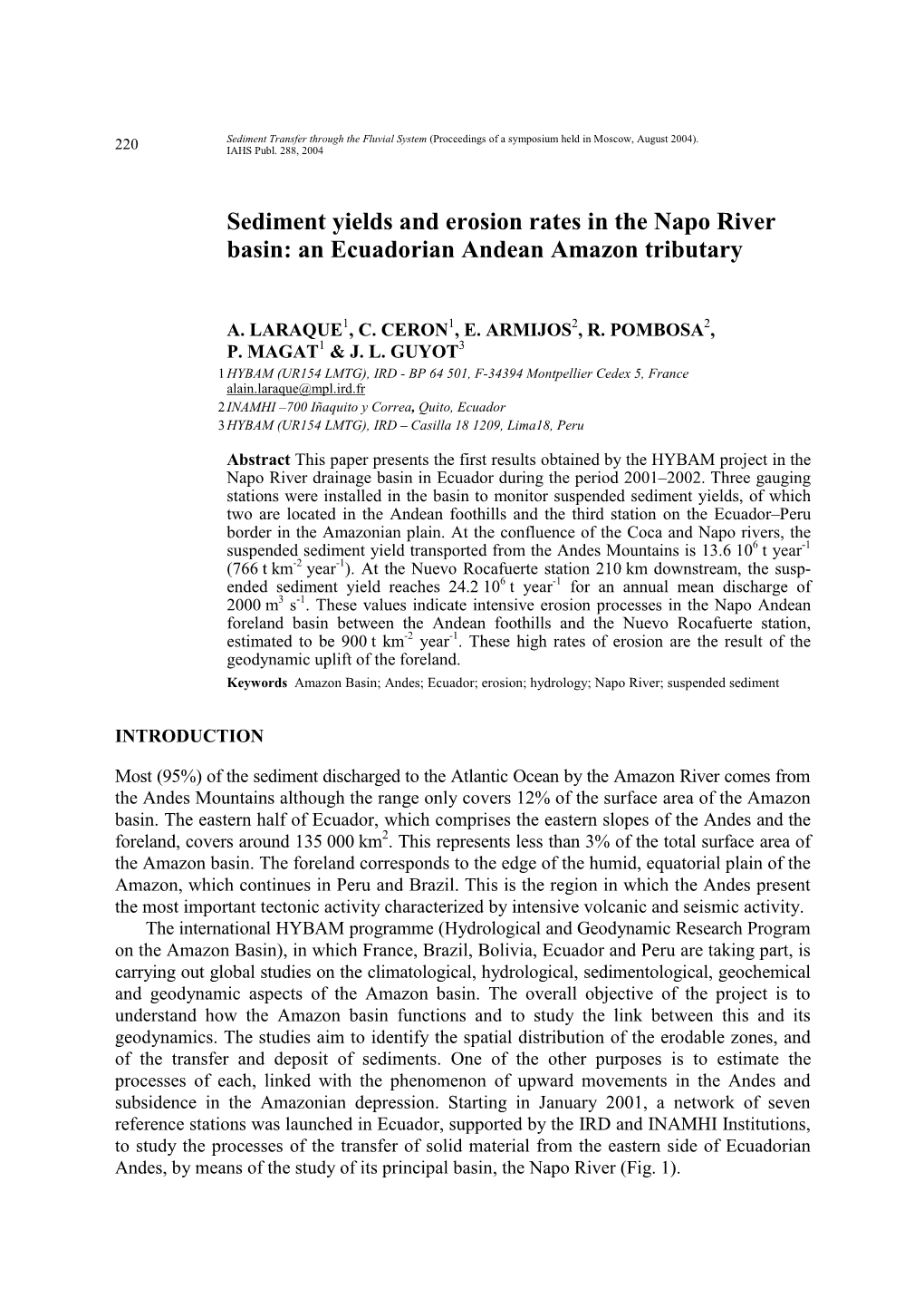 Sediment Yields and Erosion Rates in the Napo River Basin: an Ecuadorian Andean Amazon Tributary