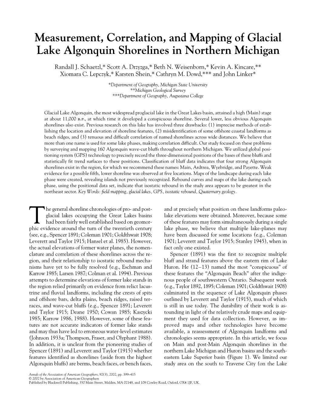 Measurement, Correlation, and Mapping of Glacial Lake Algonquin Shorelines in Northern Michigan