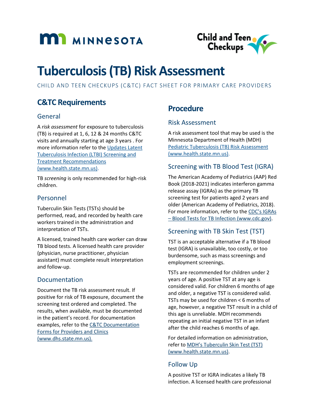 Tuberculosis TB Risk Assessment CHILD And TEEN CHECKUPS C TC FACT   Tuberculosis Tb Risk Assessment Child And Teen Checkups C Tc Fact Sheet For Primary Care Providers 