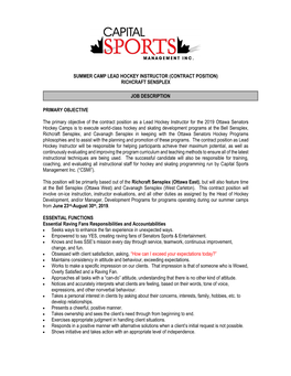 Summer Camp Lead Hockey Instructor (Contract Position) Richcraft Sensplex