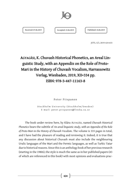 AGYAGÁSI, K. Chuvash Historical Phonetics, an Areal