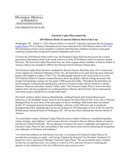 FOR IMMEDIATE RELEASE Fairmont Copley Plaza Named the 2019