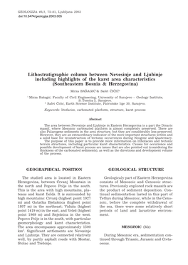 Lithostratigraphic Column Between Nevesinje and Ljubinje Including Highlights of the Karst Area Characteristics (Southeastern Bosnia & Herzegovina)