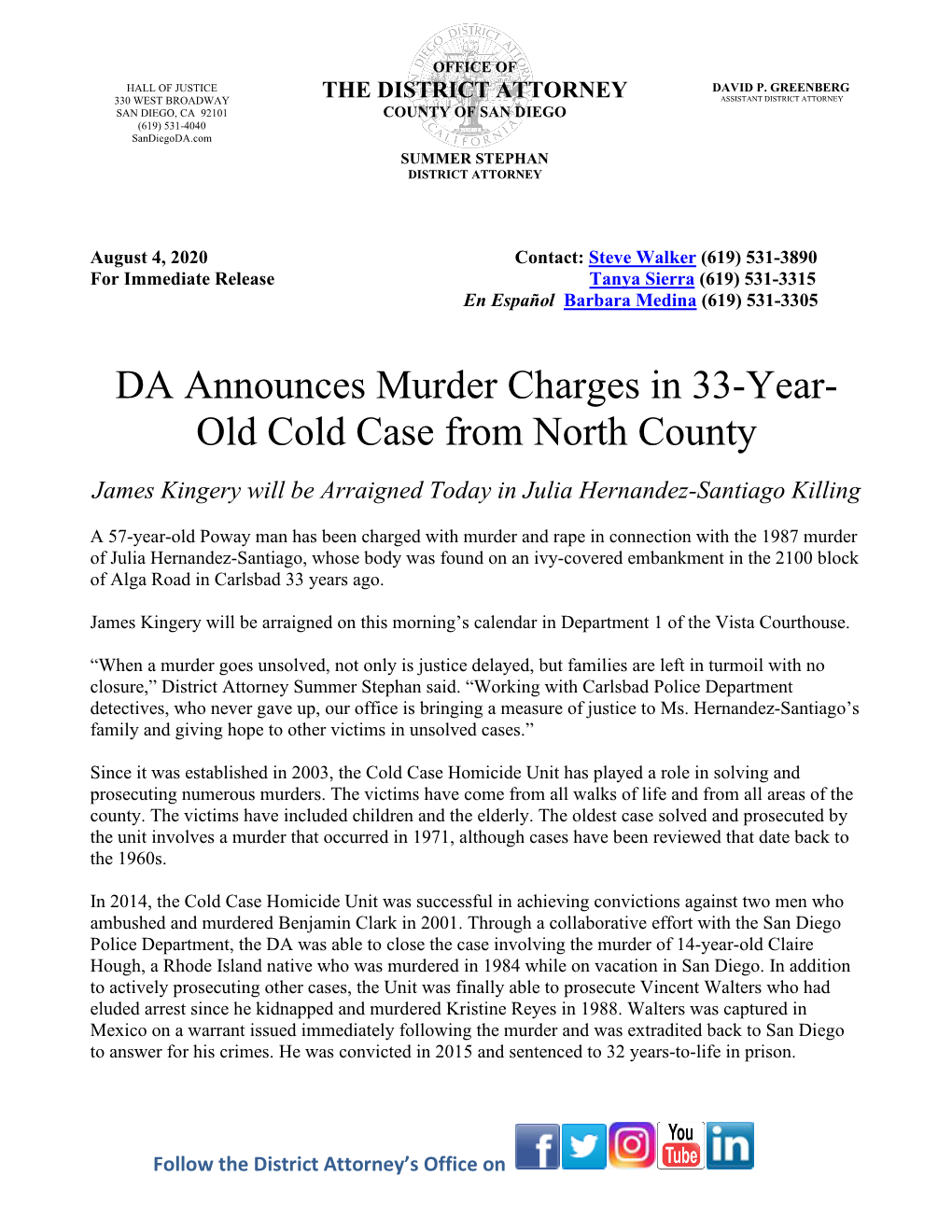 DA Announces Murder Charges in 33-Year- Old Cold Case from North County