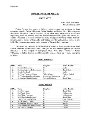 MINISTRY of HOME AFFAIRS PRESS NOTE North Block, New