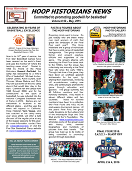 HOOP HISTORIANS NEWS Committed to Promoting Goodwill for Basketball Volume # 92 – May, 2015